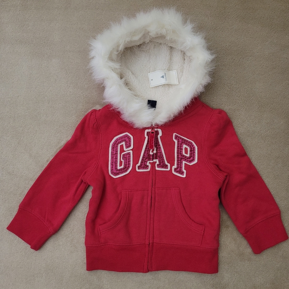Gap Baby Girl Pink Logo Faux Fur Hoodie Size 18-24 Months NWT